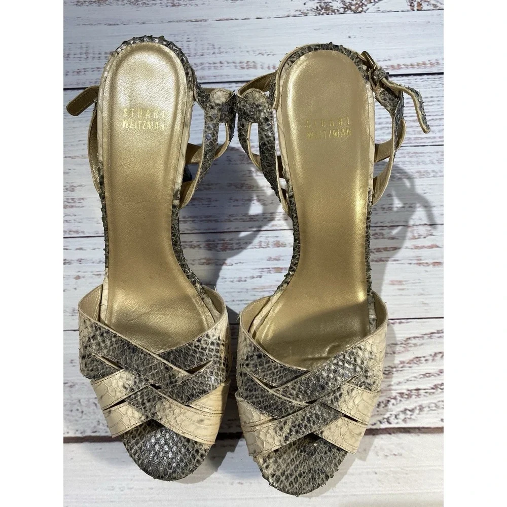 Stuart Weitzman Woman Shoe Snakeskin Strappy Peep Toe 5